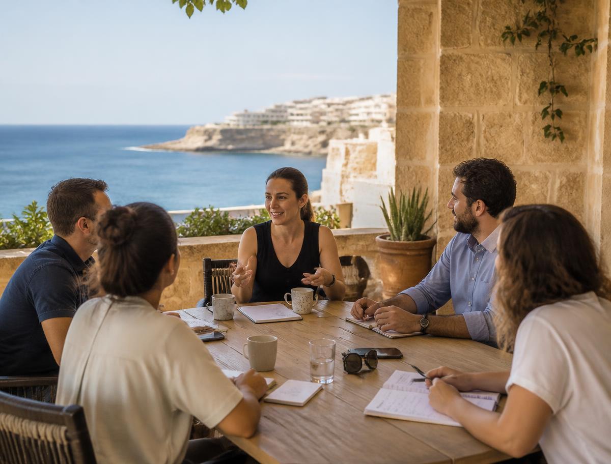 A facilitator leading a team debrief on a shaded terrace overlooking the Mediterranean